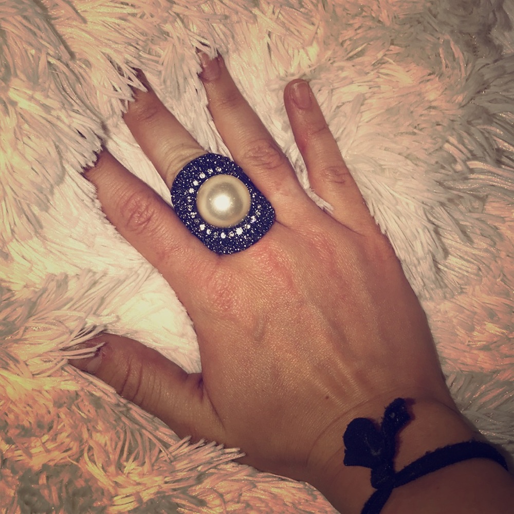 Black metallic, pearl, and diamond statement ring